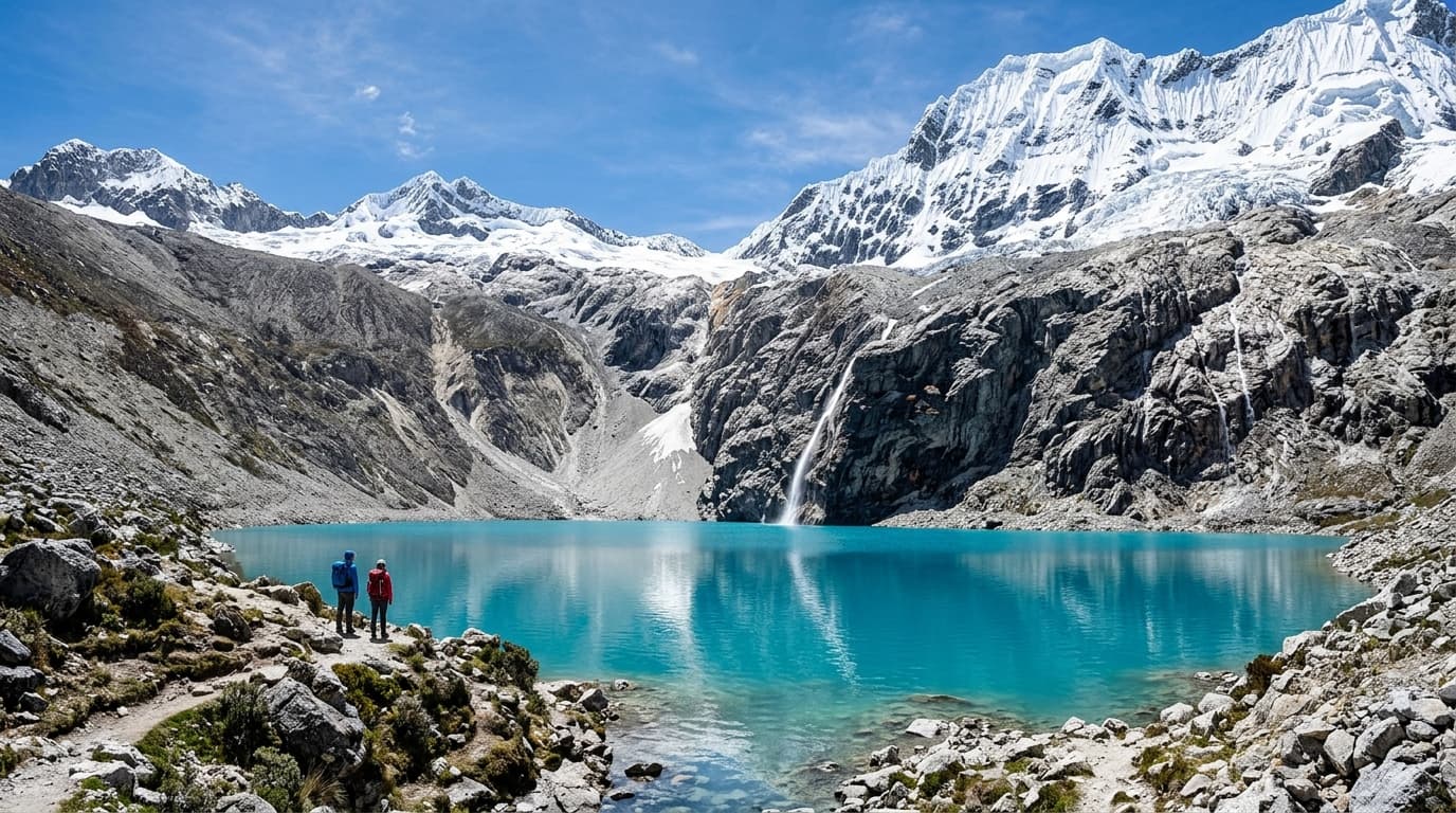 Laguna 69 vivid turquoise glacial tarn lake at 4,600m beneath Mount Chacraraju in Huascarán National Park, Huaraz, Peru