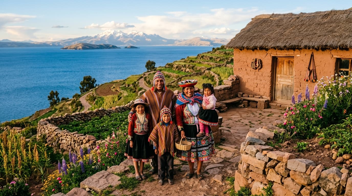 Panoramic view of Lake Titicaca from Amantaní Island looking across cobalt blue waters