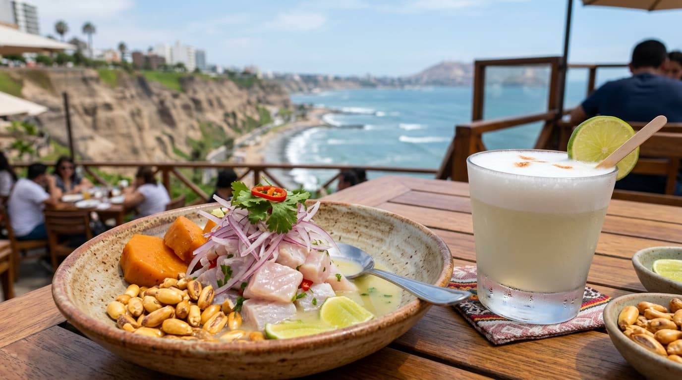 Peru Culinary Travel Guide: Lima Fine Dining to Sacred Valley Pachamanca Artisanal Peruvian ceviche and frothy Pisco Sour overlooking Pacific Ocean cliffs in Lima